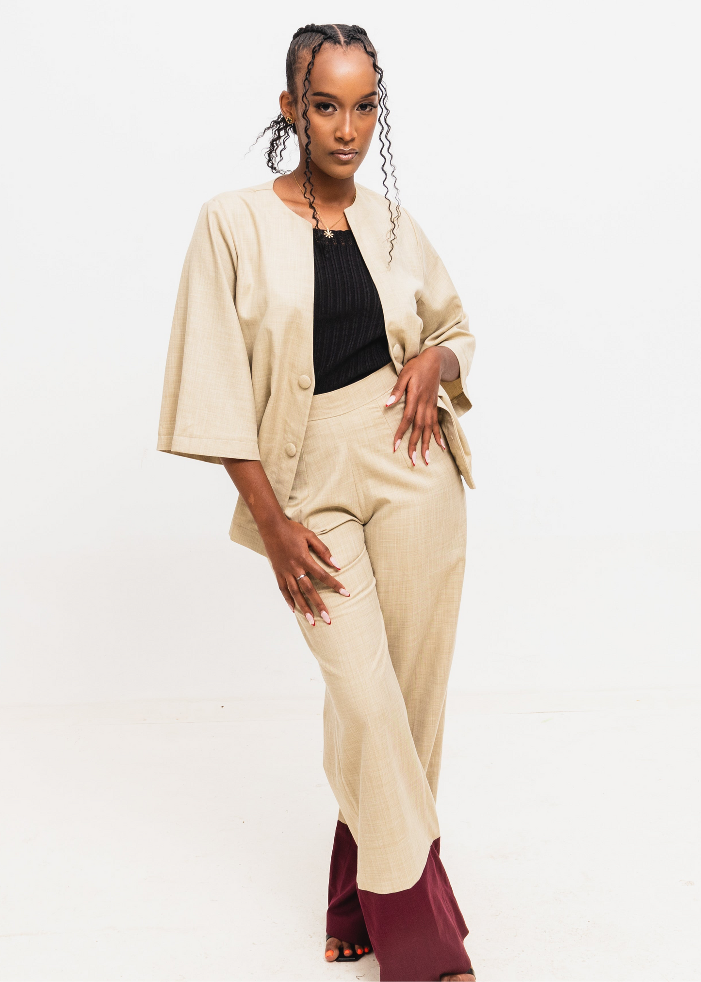 Serenity Linen Set - Beige/Maroon