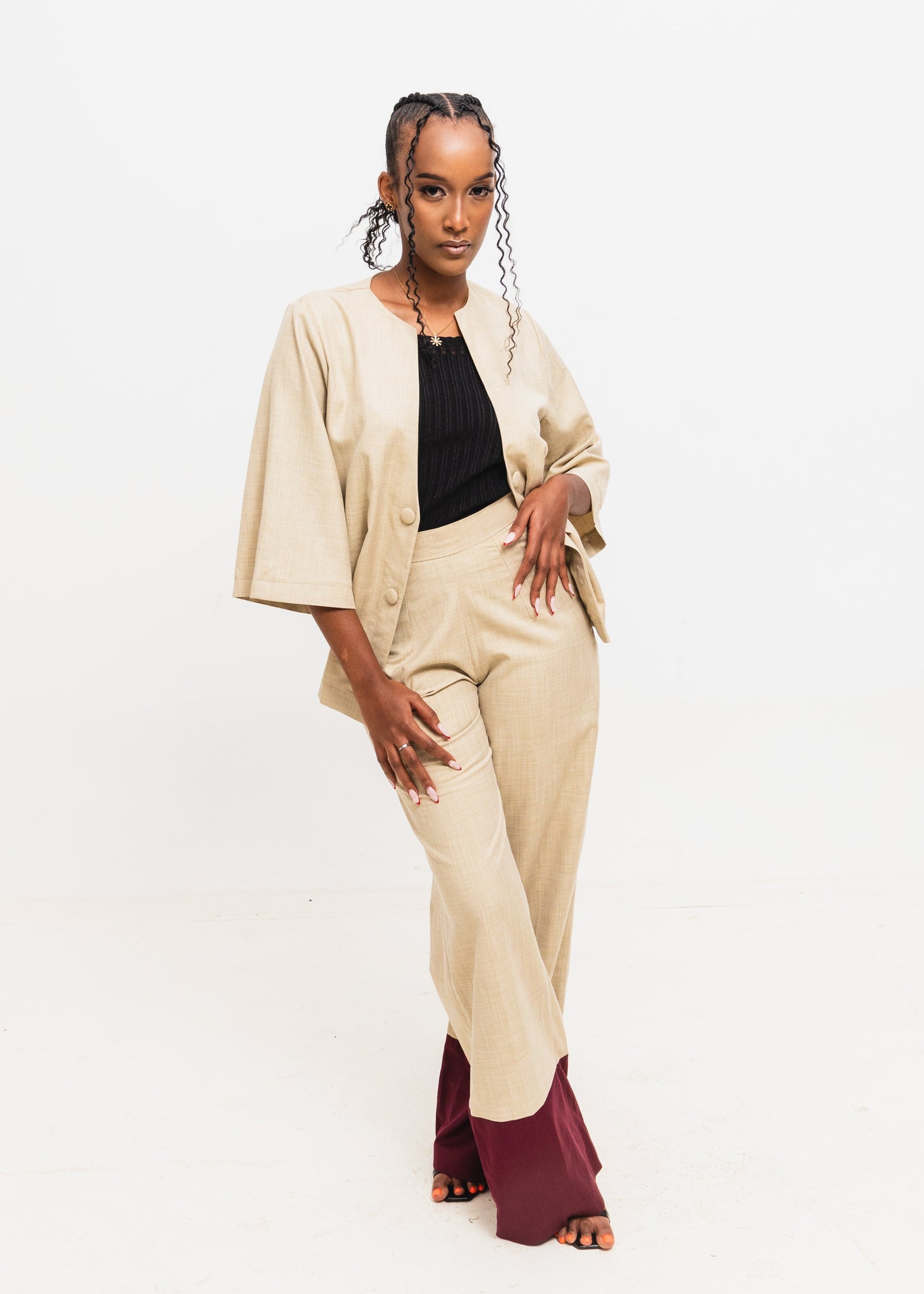 Serenity Linen Set - Beige/Maroon