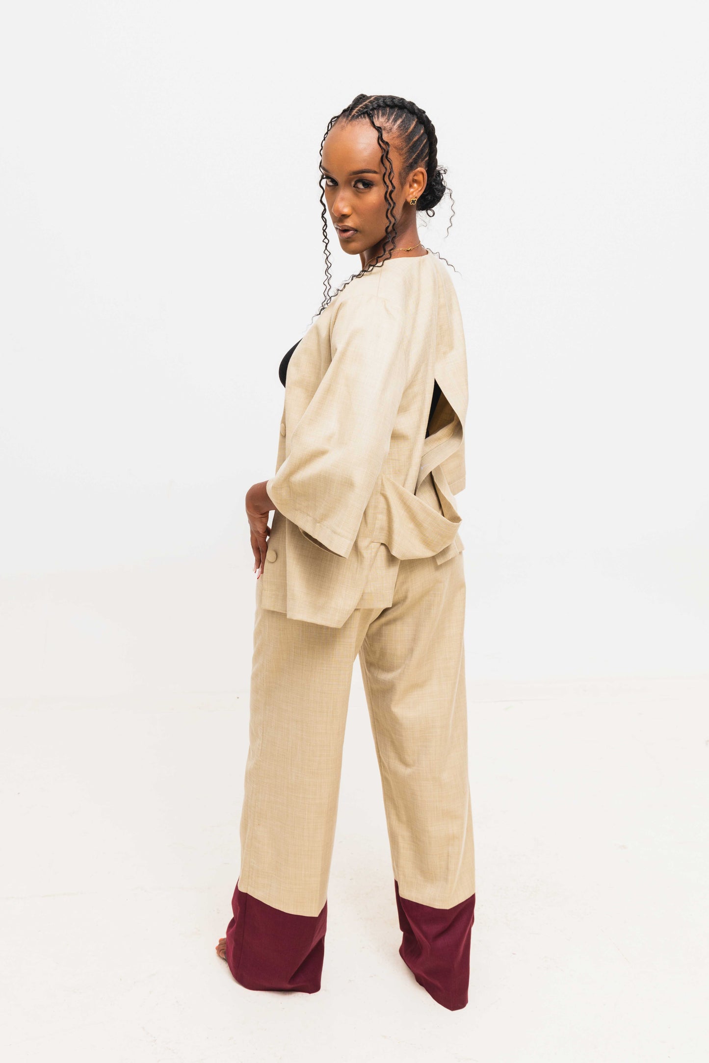 Serenity Linen Set - Beige/Maroon