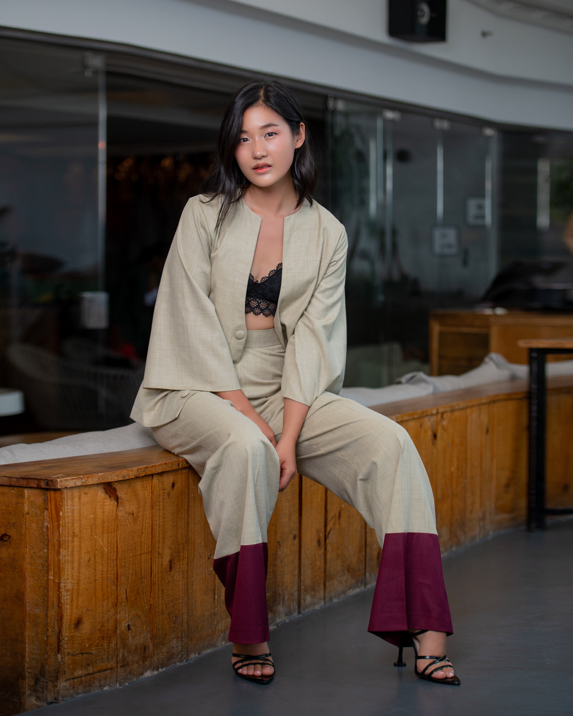 Serenity Linen Set - Beige/Maroon